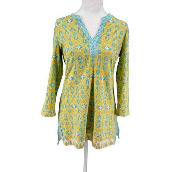 J. McLaughlin Catalina Cloth Split Neck Stretch Tunic Top Yellow Blue Print Sz M - Picture 1 of 7